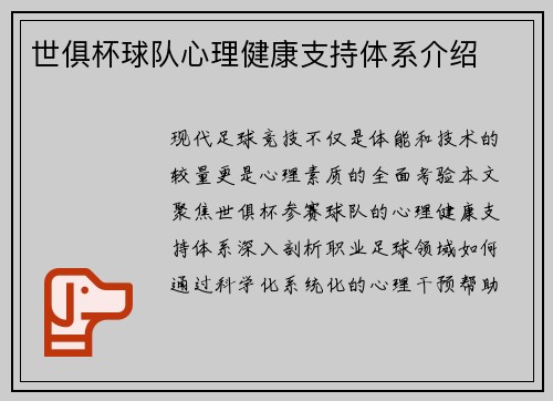 世俱杯球队心理健康支持体系介绍