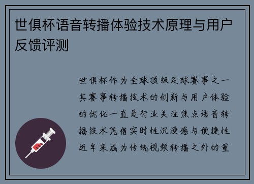 世俱杯语音转播体验技术原理与用户反馈评测