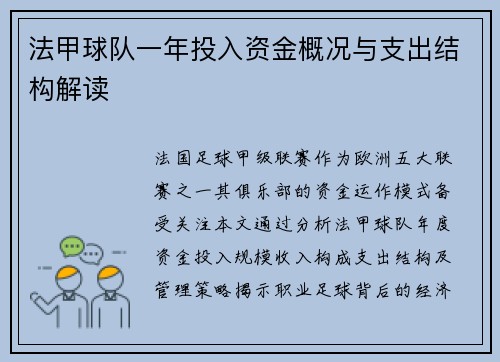 法甲球队一年投入资金概况与支出结构解读
